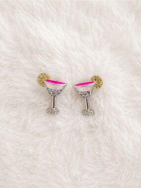 New Betsey Johnson sparkling stud earrings silver-tone martini glass crystals